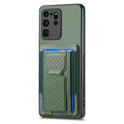 Samsung Galaxy S20 Ultra Carbon Fiber Fold Stand Elastic Card Bag Phone Case with Multi-Functional Wallet