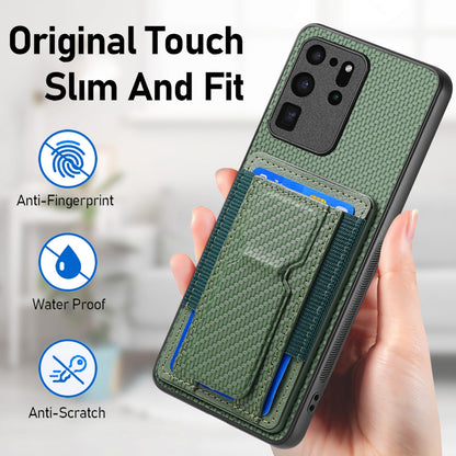 Samsung Galaxy S20 Ultra Carbon Fiber Fold Stand Elastic Card Bag Phone Case with Multi-Functional Wallet