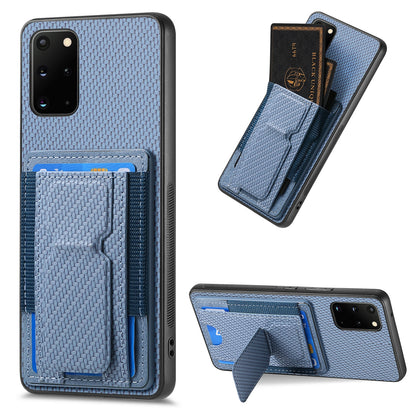 Samsung Galaxy S20+ Carbon Fiber Fold Stand Elastic Card Bag Phone Case with Multi-Functional Wallet