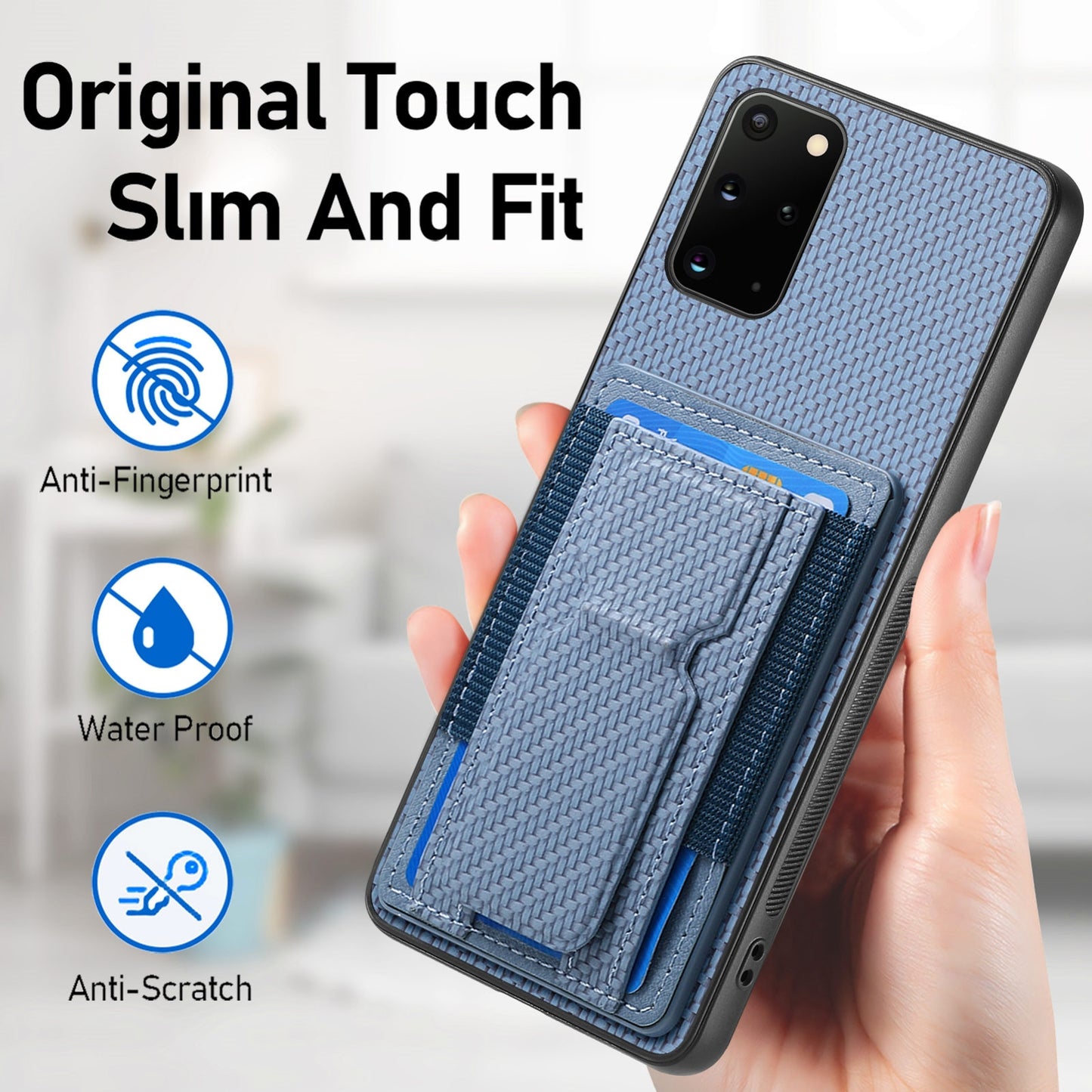 Samsung Galaxy S20+ Carbon Fiber Fold Stand Elastic Card Bag Phone Case with Multi-Functional Wallet