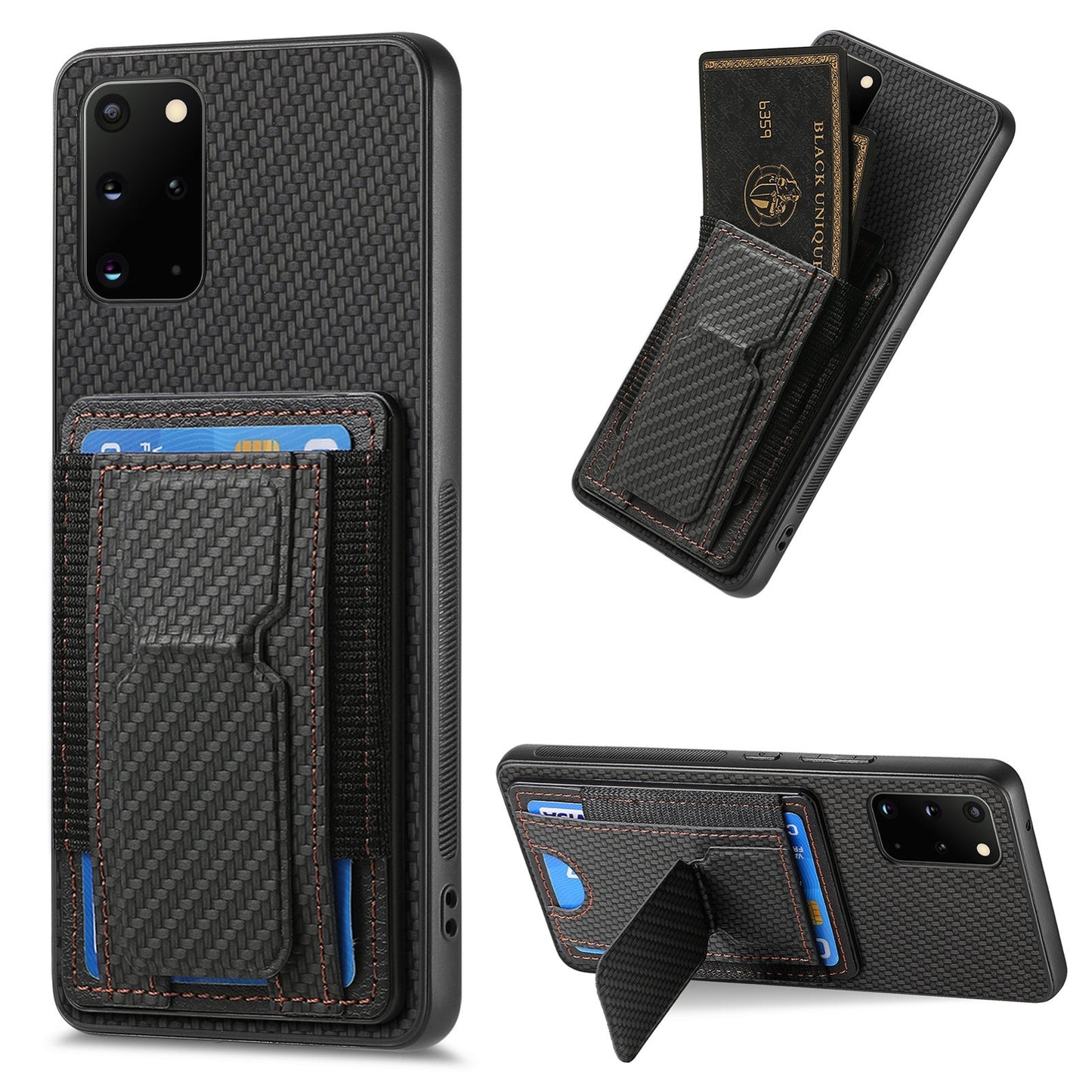 Samsung Galaxy S20+ Carbon Fiber Fold Stand Elastic Card Bag Phone Case with Multi-Functional Wallet