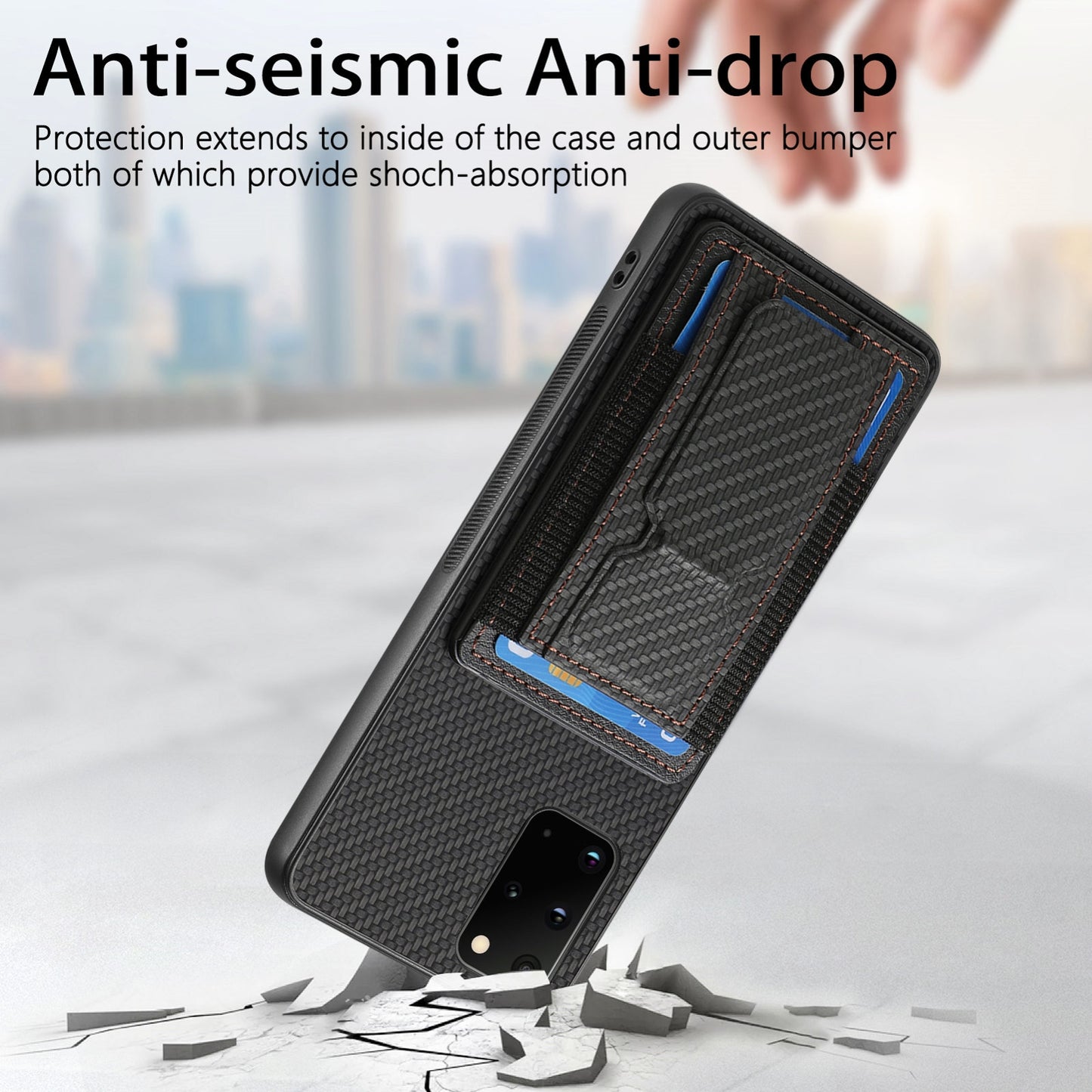 Samsung Galaxy S20+ Carbon Fiber Fold Stand Elastic Card Bag Phone Case with Multi-Functional Wallet