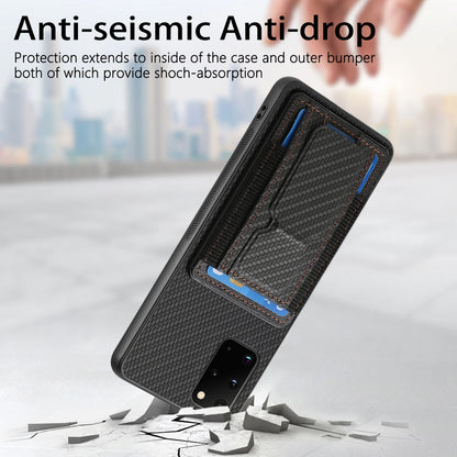 Samsung Galaxy S20+ Carbon Fiber Fold Stand Elastic Card Bag Phone Case with Multi-Functional Wallet