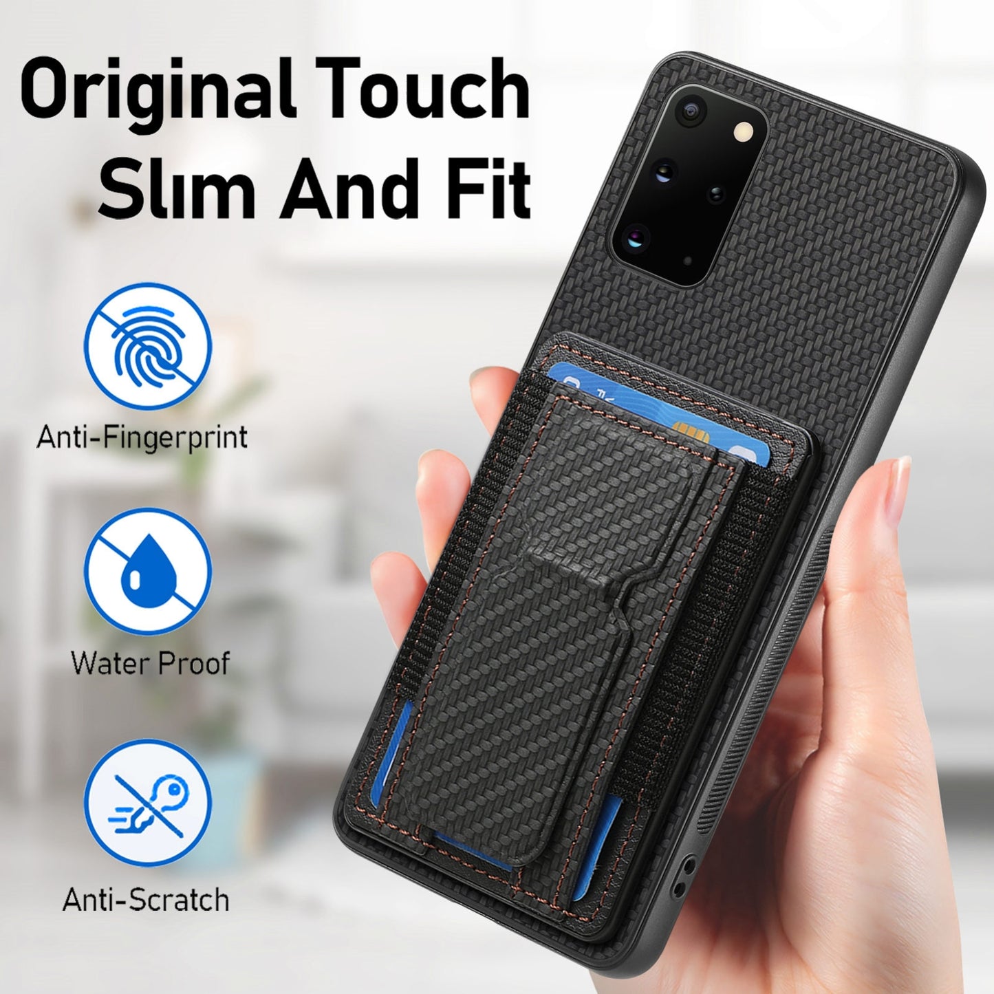 Samsung Galaxy S20+ Carbon Fiber Fold Stand Elastic Card Bag Phone Case with Multi-Functional Wallet