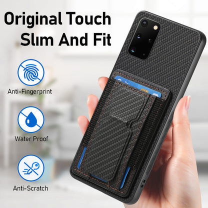 Samsung Galaxy S20+ Carbon Fiber Fold Stand Elastic Card Bag Phone Case with Multi-Functional Wallet