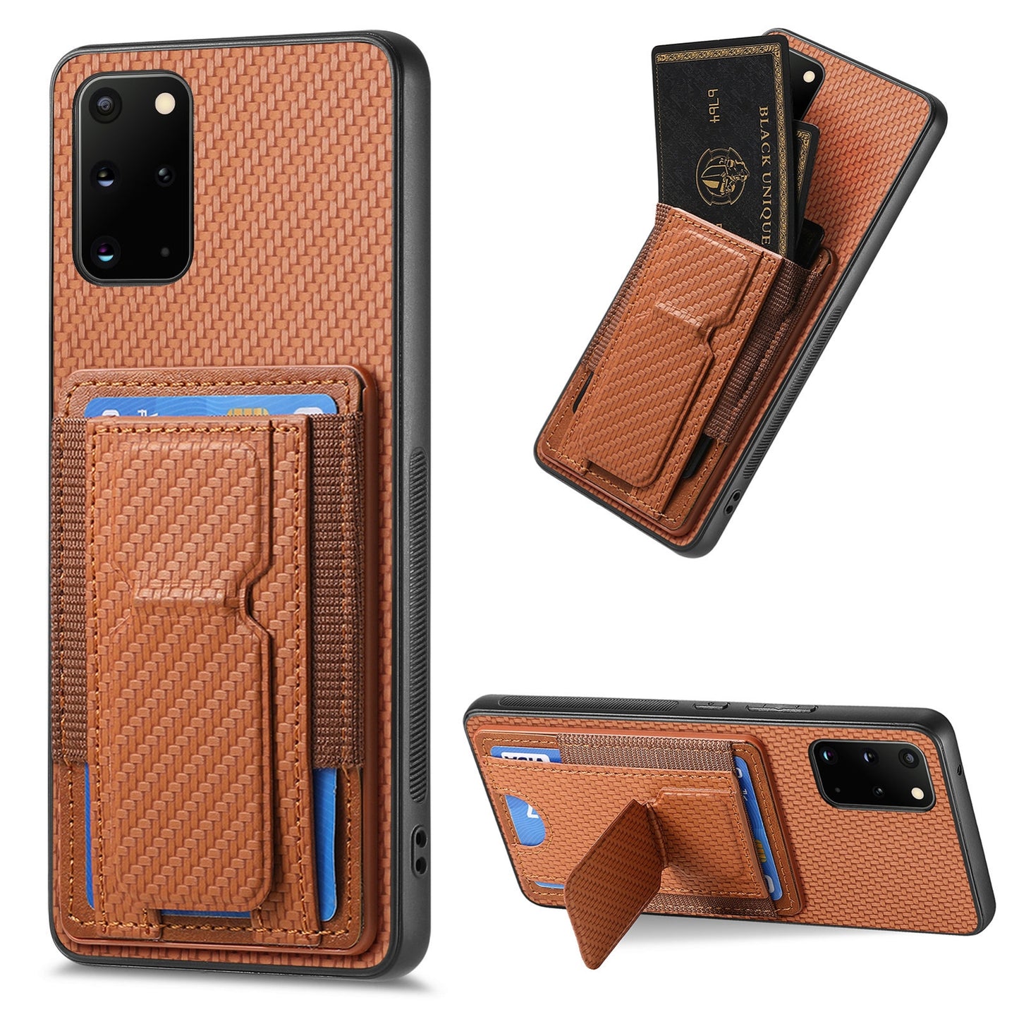Samsung Galaxy S20+ Carbon Fiber Fold Stand Elastic Card Bag Phone Case with Multi-Functional Wallet