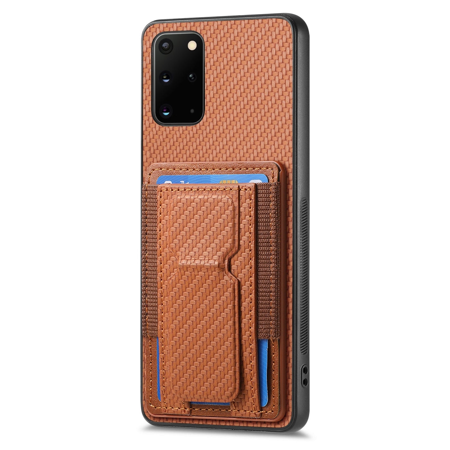 Samsung Galaxy S20+ Carbon Fiber Fold Stand Elastic Card Bag Phone Case with Multi-Functional Wallet
