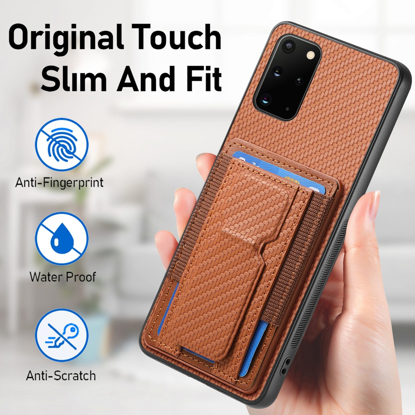 Samsung Galaxy S20+ Carbon Fiber Fold Stand Elastic Card Bag Phone Case with Multi-Functional Wallet