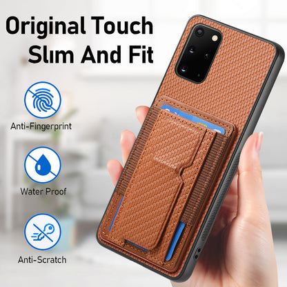 Samsung Galaxy S20+ Carbon Fiber Fold Stand Elastic Card Bag Phone Case with Multi-Functional Wallet