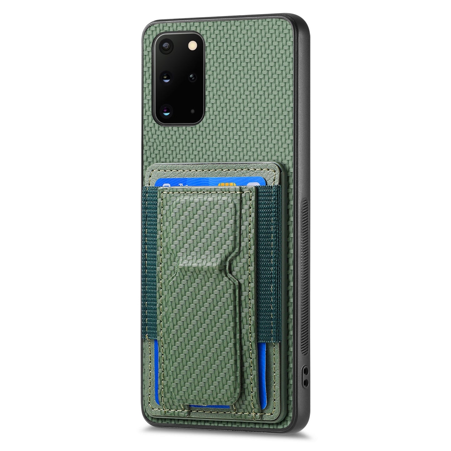 Samsung Galaxy S20+ Carbon Fiber Fold Stand Elastic Card Bag Phone Case with Multi-Functional Wallet