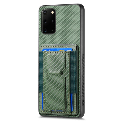 Samsung Galaxy S20+ Carbon Fiber Fold Stand Elastic Card Bag Phone Case with Multi-Functional Wallet