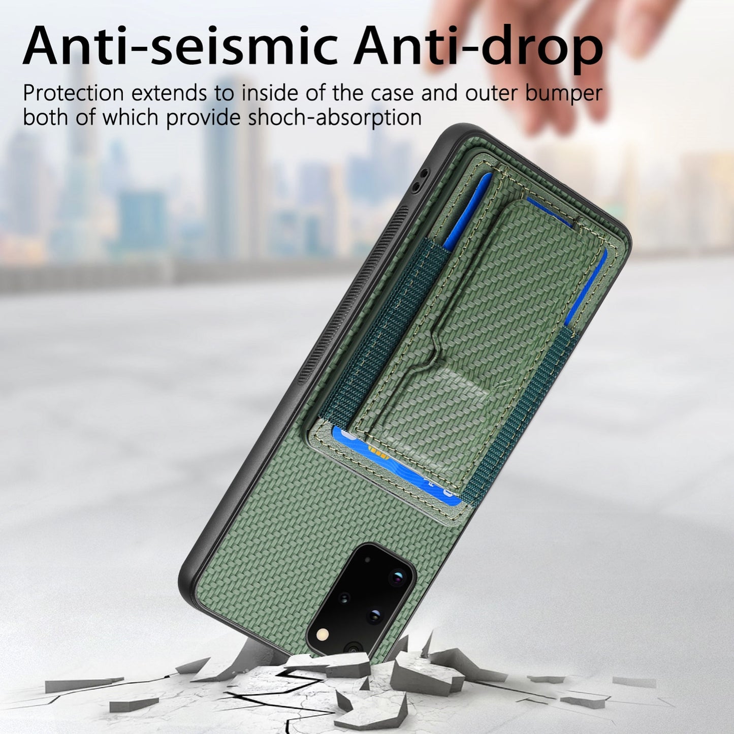 Samsung Galaxy S20+ Carbon Fiber Fold Stand Elastic Card Bag Phone Case with Multi-Functional Wallet