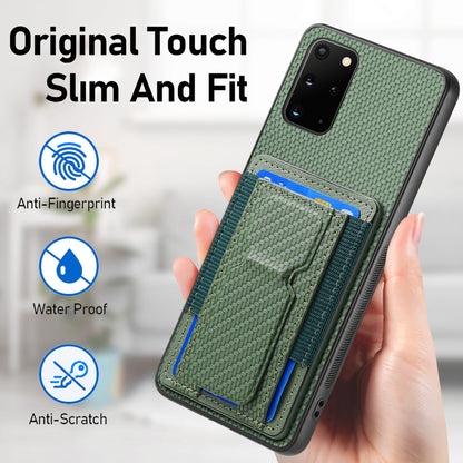 Samsung Galaxy S20+ Carbon Fiber Fold Stand Elastic Card Bag Phone Case with Multi-Functional Wallet