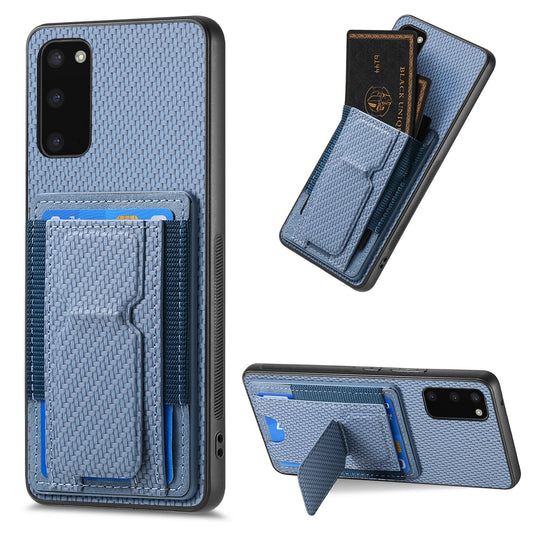 Samsung Galaxy S20 Carbon Fiber Fold Stand Elastic Card Bag Phone Case with Multi-Functional Wallet