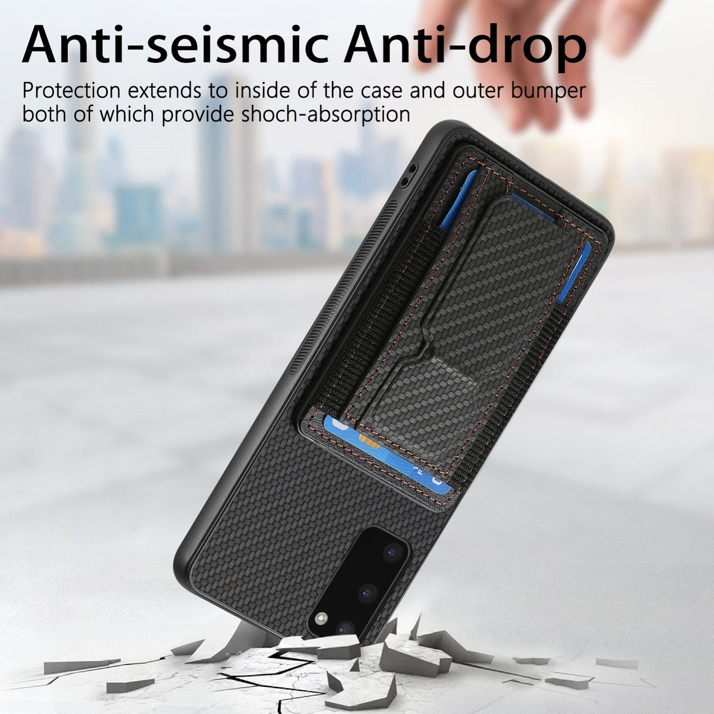 Samsung Galaxy S20 Carbon Fiber Fold Stand Elastic Card Bag Phone Case with Multi-Functional Wallet