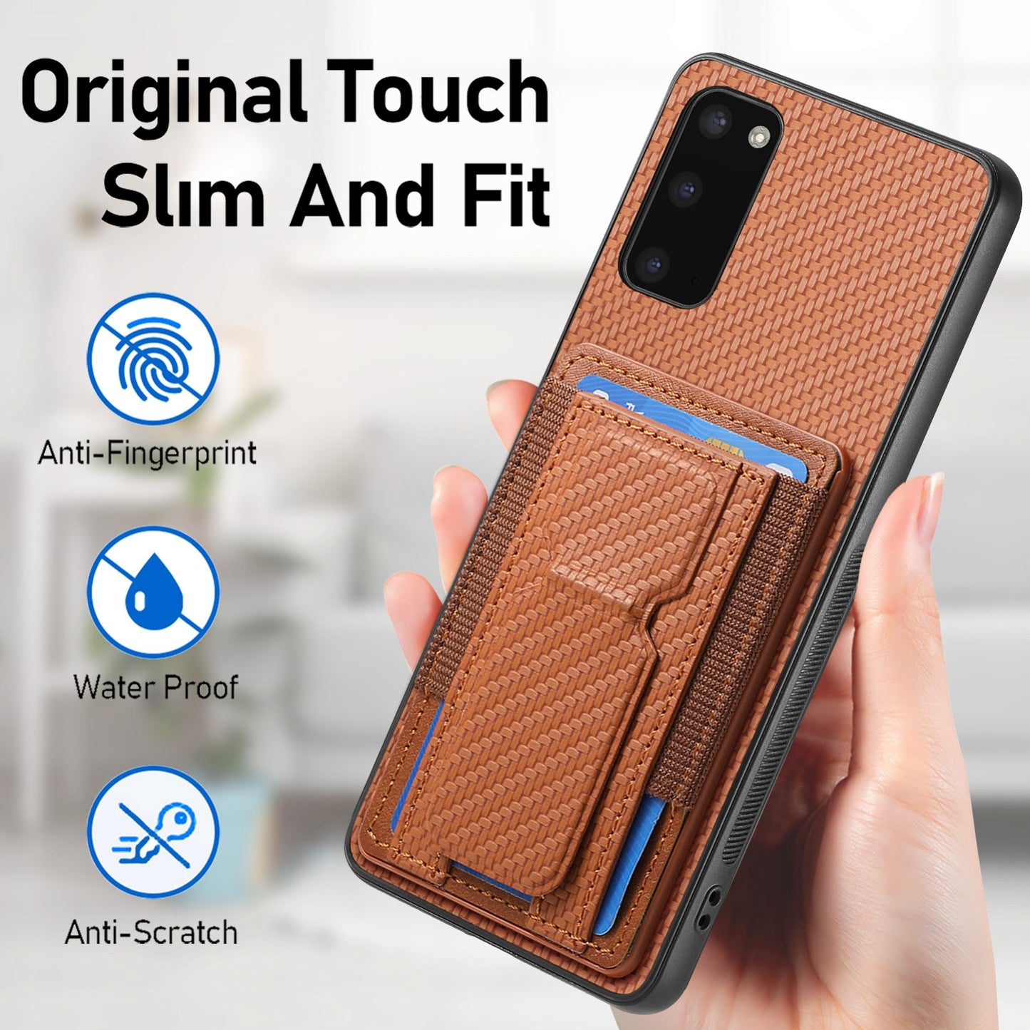 Samsung Galaxy S20 Carbon Fiber Fold Stand Elastic Card Bag Phone Case with Multi-Functional Wallet