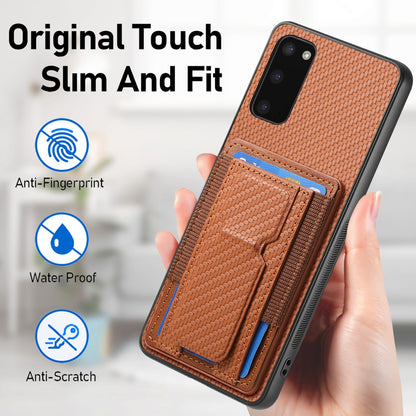 Samsung Galaxy S20 Carbon Fiber Fold Stand Elastic Card Bag Phone Case with Multi-Functional Wallet