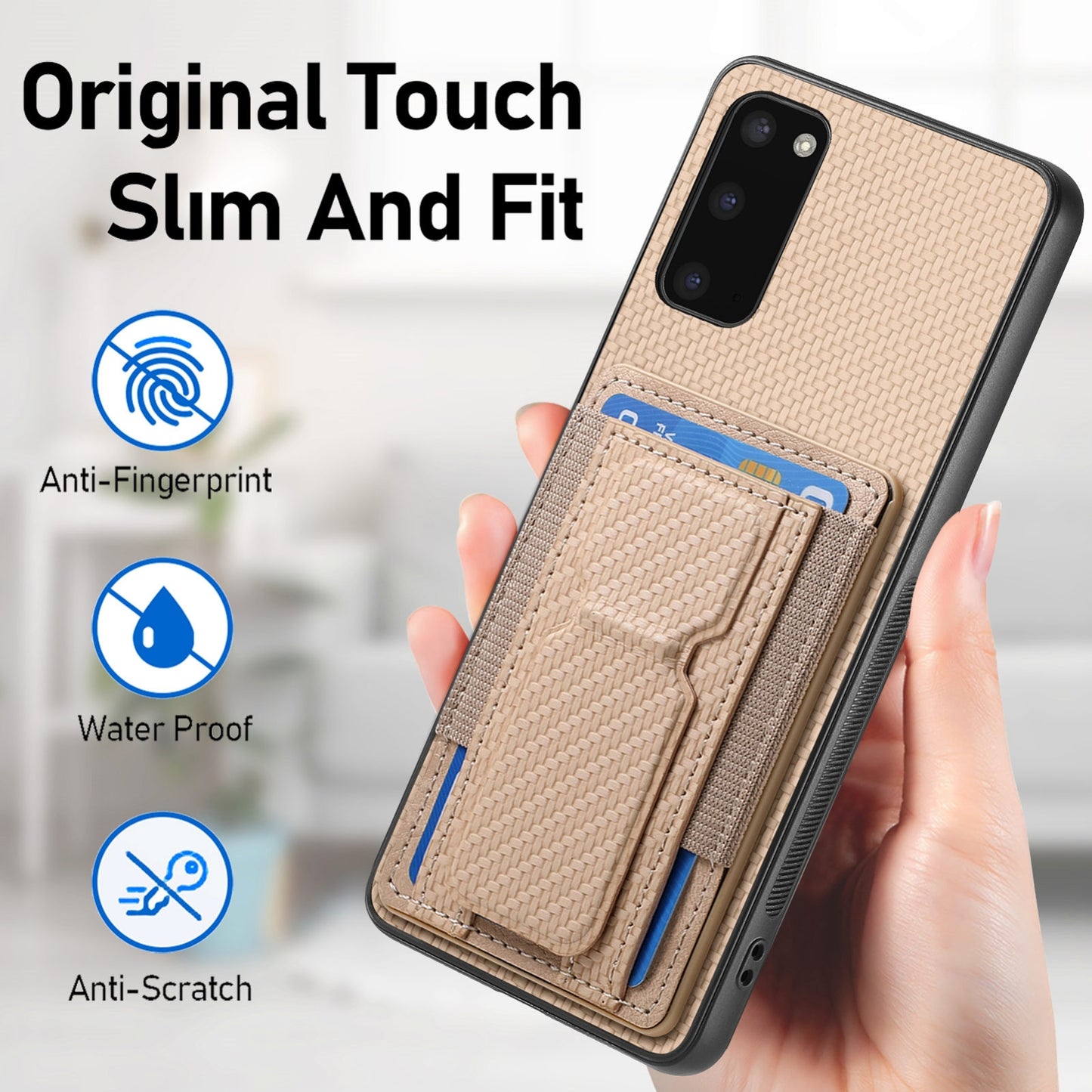 Samsung Galaxy S20 Carbon Fiber Fold Stand Elastic Card Bag Phone Case with Multi-Functional Wallet