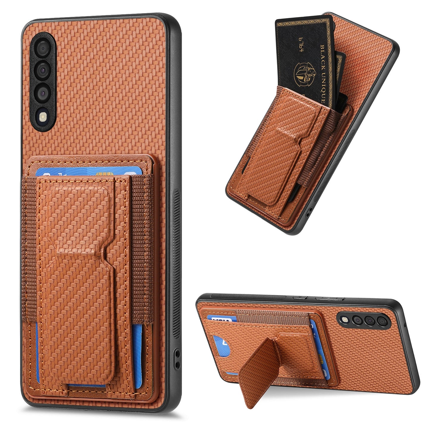 Samsung Galaxy A70 / A70s Carbon Fiber Fold Stand Elastic Card Bag Phone Case with Multi-Functional Wallet