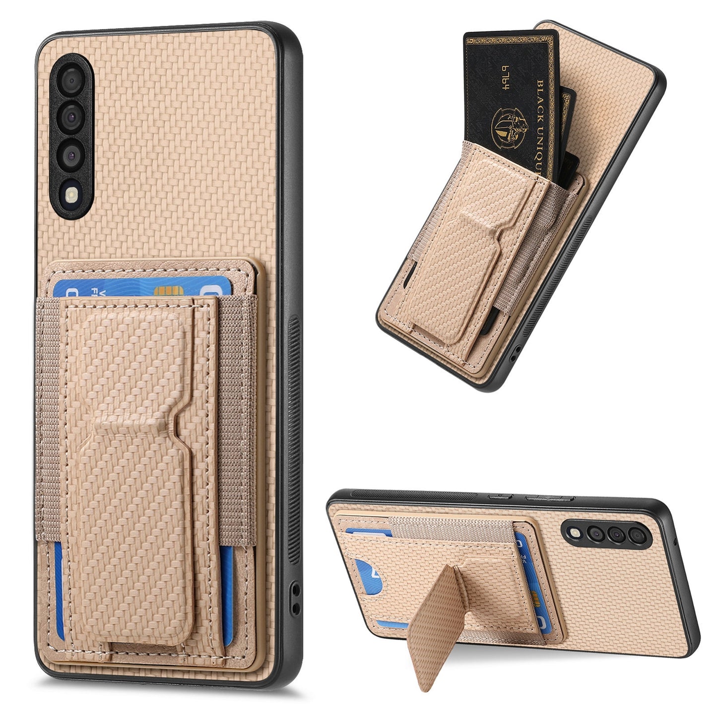 Samsung Galaxy A70 / A70s Carbon Fiber Fold Stand Elastic Card Bag Phone Case with Multi-Functional Wallet
