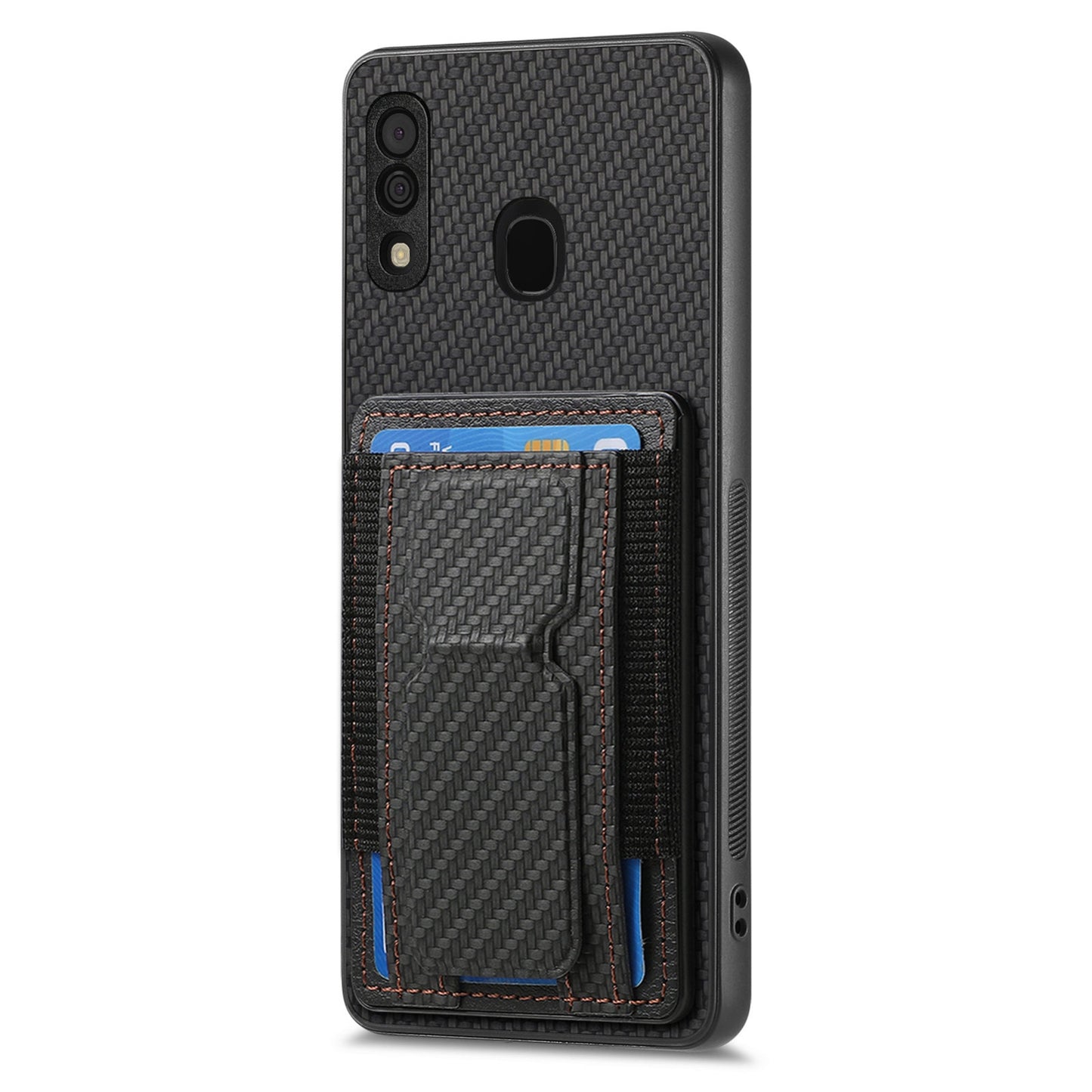 Samsung Galaxy A30/A20/M10s Carbon Fiber Fold Stand Elastic Card Bag Phone Case with Multi-Functional Wallet