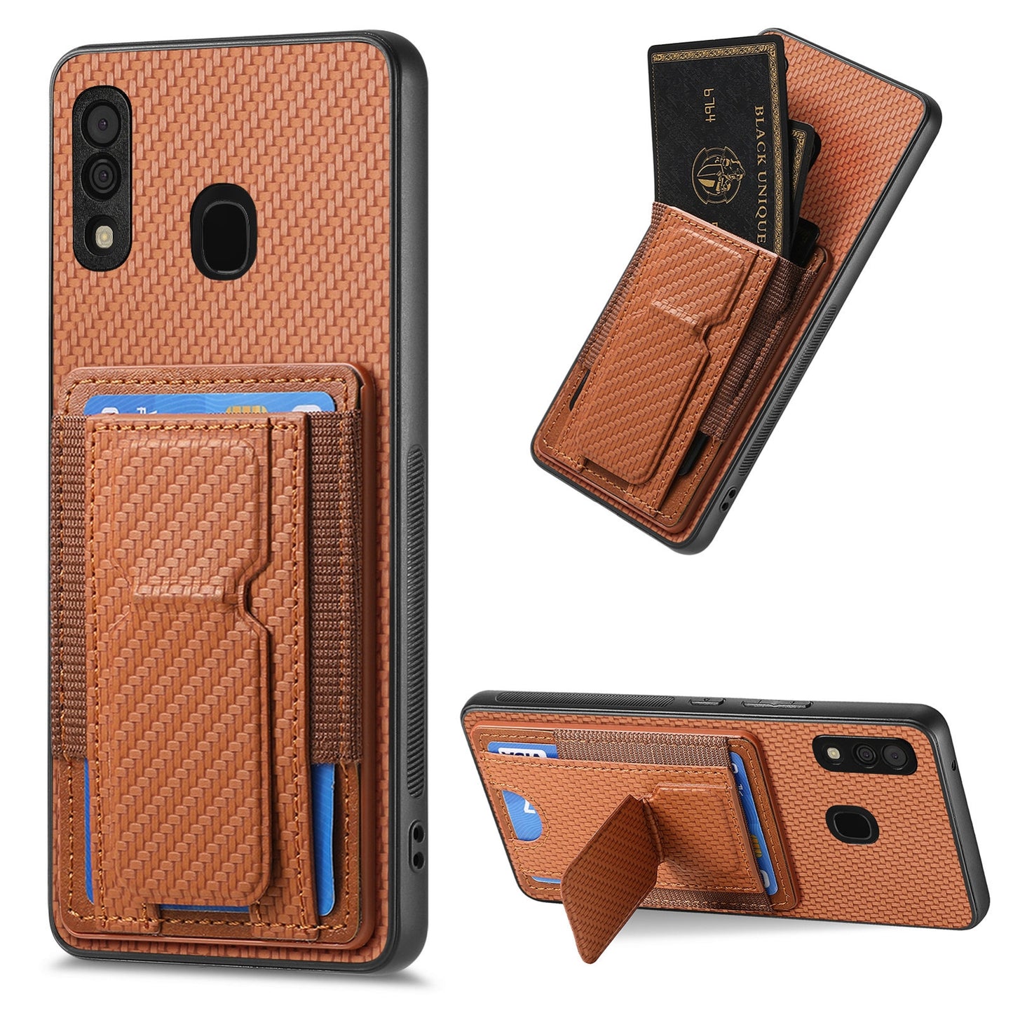 Samsung Galaxy A30/A20/M10s Carbon Fiber Fold Stand Elastic Card Bag Phone Case with Multi-Functional Wallet