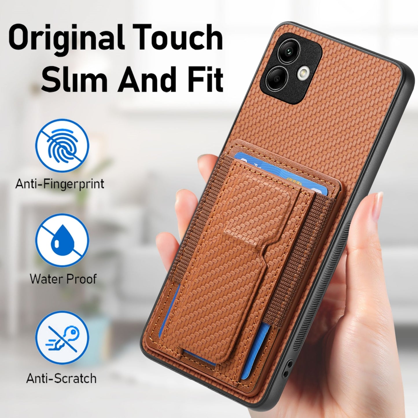 Samsung Galaxy M32 4G Carbon Fiber Fold Stand Elastic Card Bag Phone Case with Multi-Functional Wallet