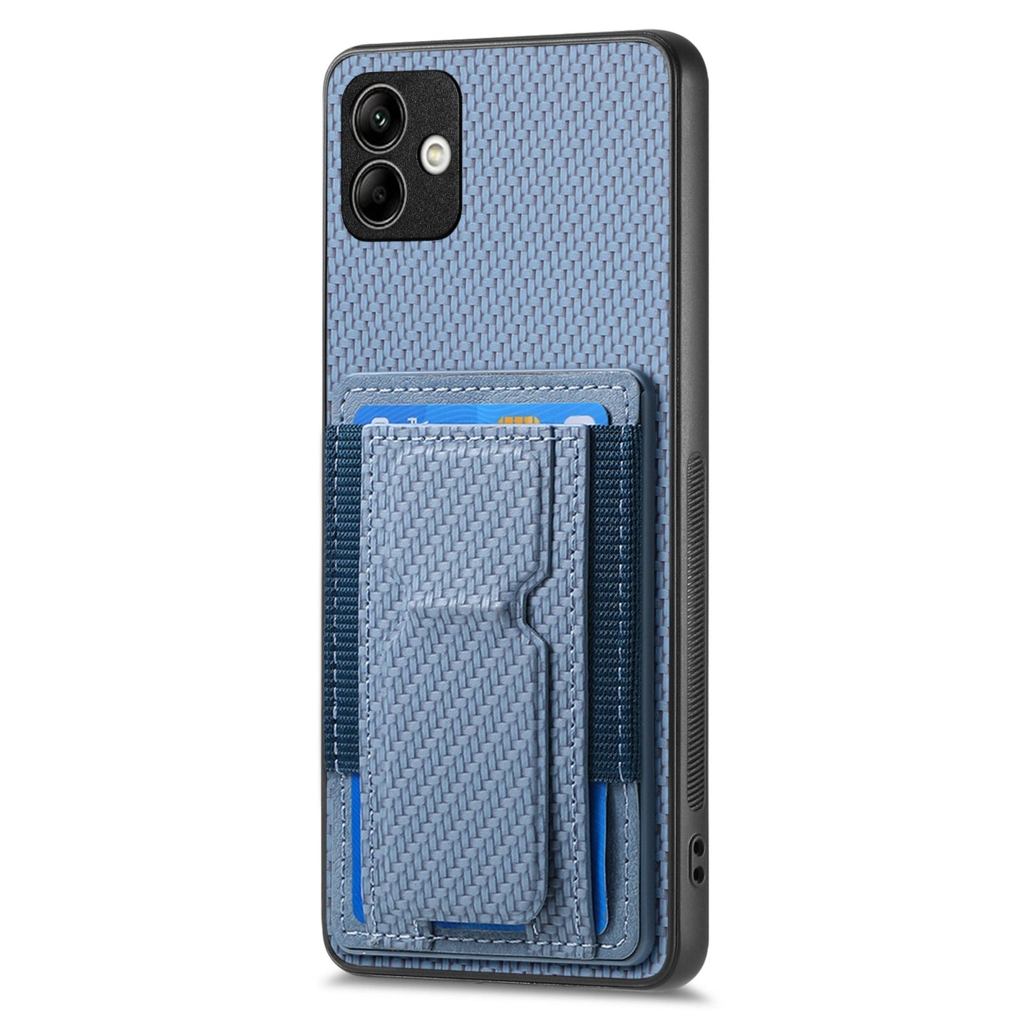 Samsung Galaxy M33 5G Carbon Fiber Fold Stand Elastic Card Bag Phone Case with Multi-Functional Wallet