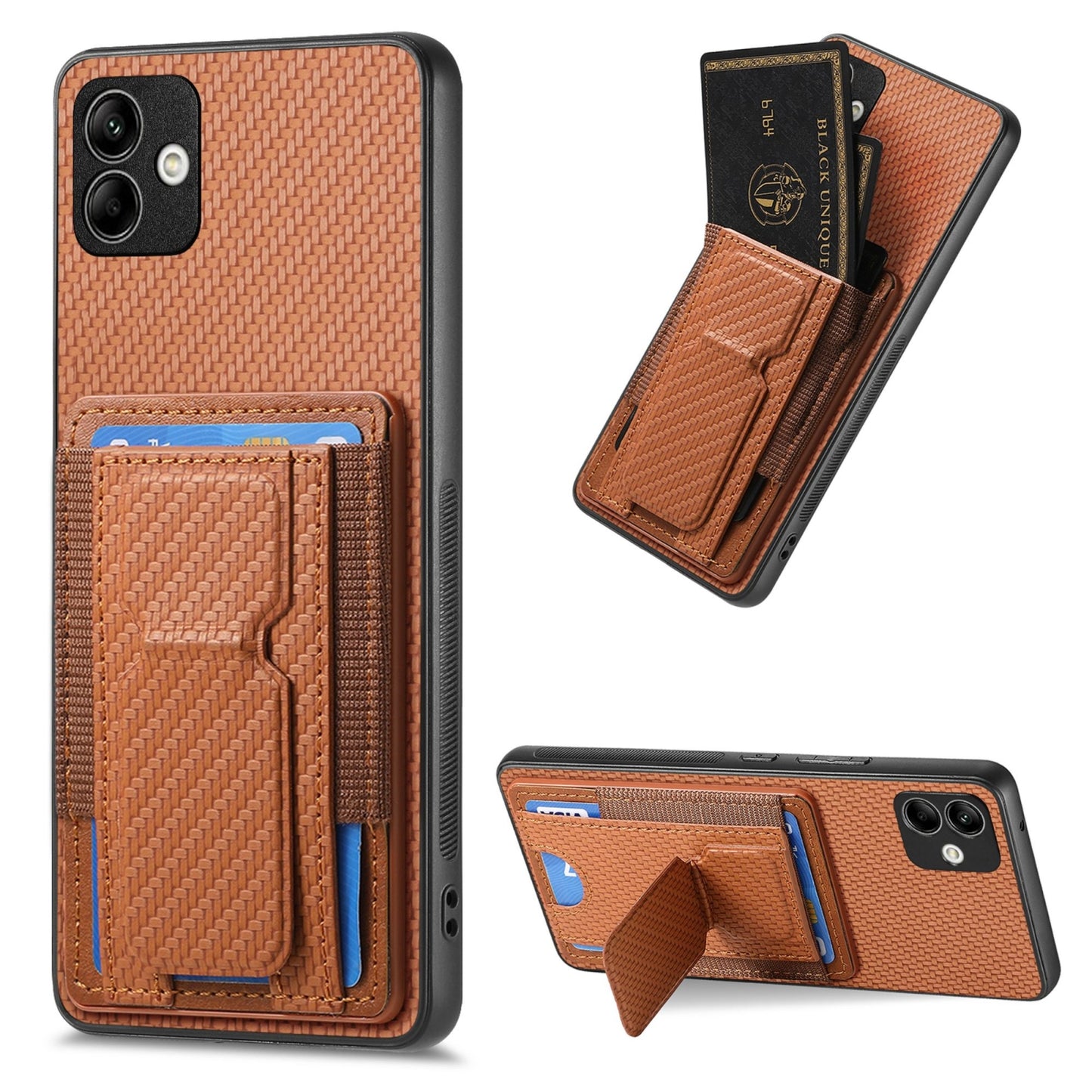 Samsung Galaxy M53 5G Carbon Fiber Fold Stand Elastic Card Bag Phone Case with Multi-Functional Wallet