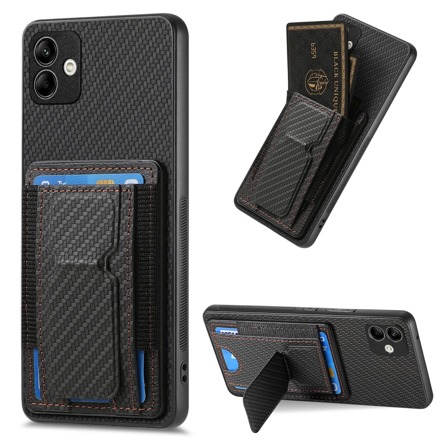 Samsung Galaxy F62/M62 Carbon Fiber Fold Stand Elastic Card Bag Phone Case with Multi-Functional Wallet