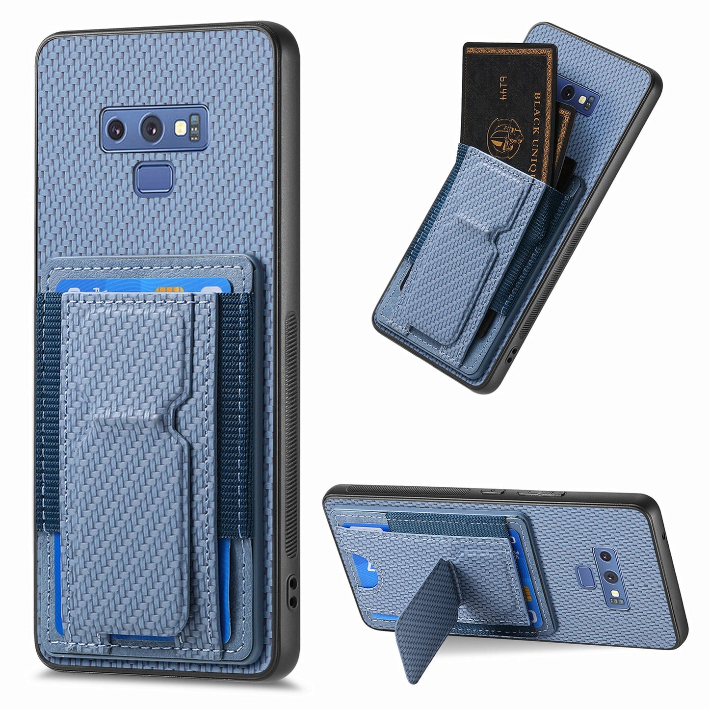 Samsung Galaxy Note9 Carbon Fiber Fold Stand Elastic Card Bag Phone Case with Multi-Functional Wallet