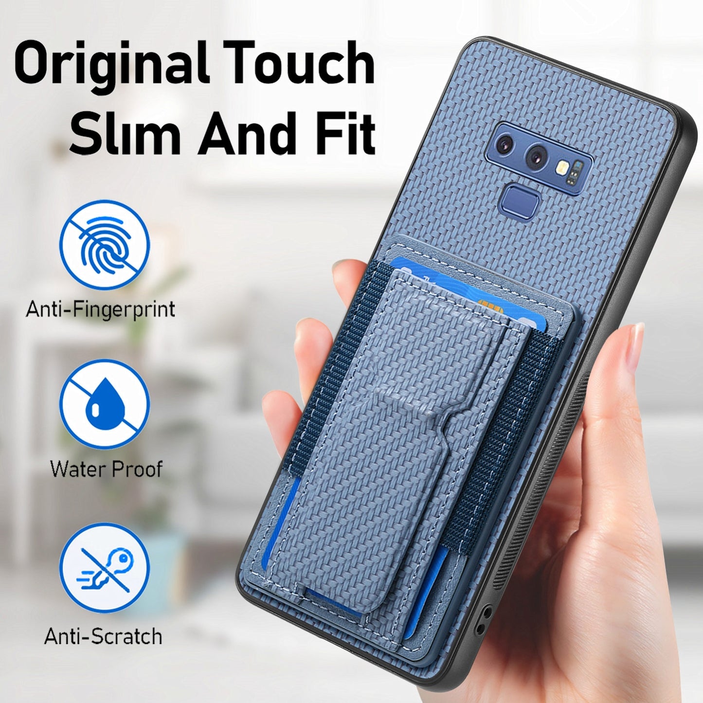 Samsung Galaxy Note9 Carbon Fiber Fold Stand Elastic Card Bag Phone Case with Multi-Functional Wallet