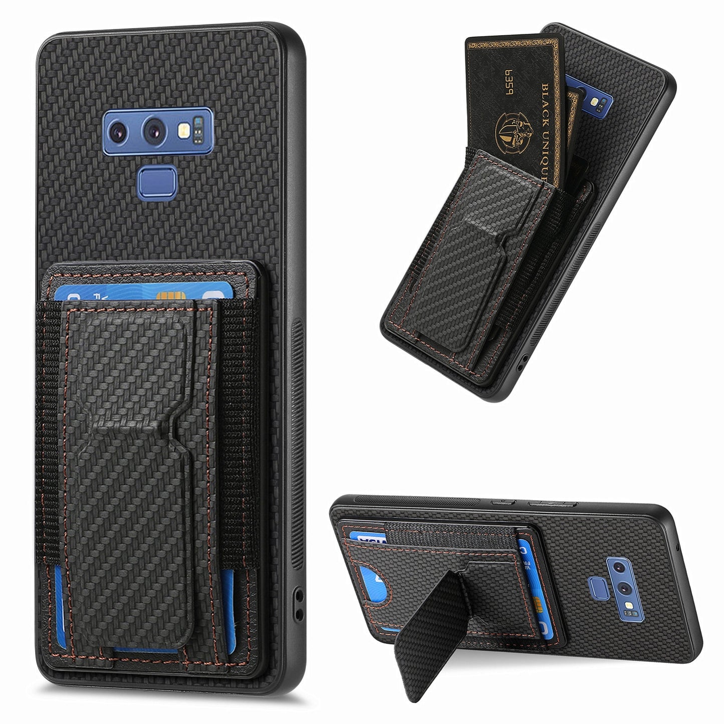 Samsung Galaxy Note9 Carbon Fiber Fold Stand Elastic Card Bag Phone Case with Multi-Functional Wallet