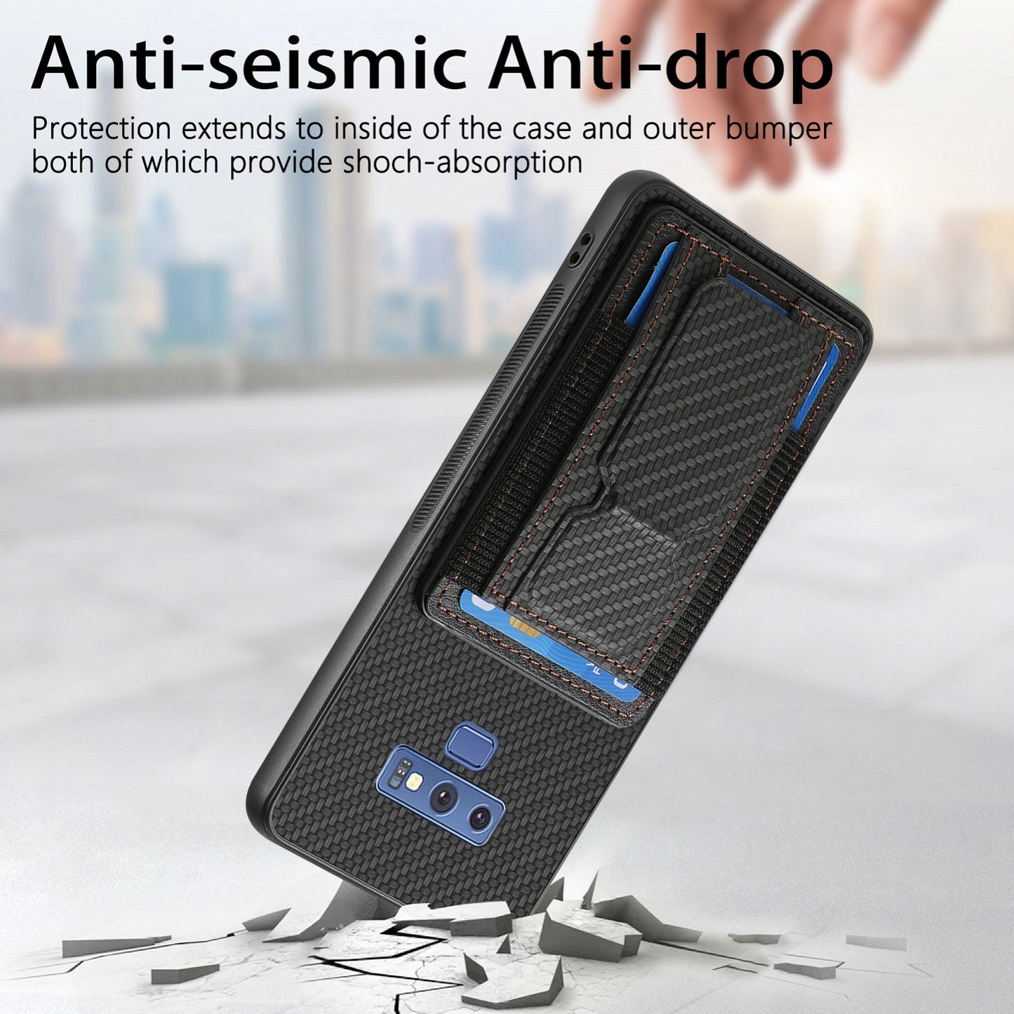 Samsung Galaxy Note9 Carbon Fiber Fold Stand Elastic Card Bag Phone Case with Multi-Functional Wallet