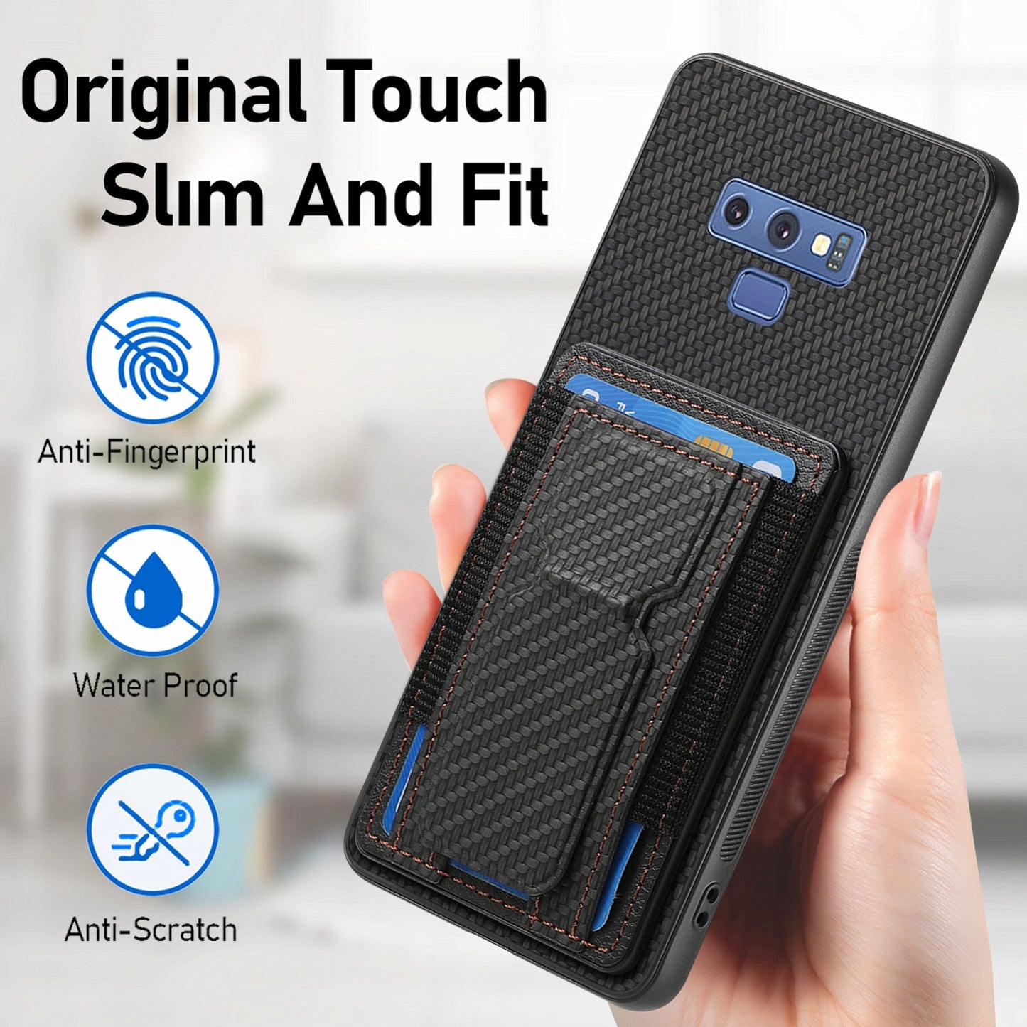 Samsung Galaxy Note9 Carbon Fiber Fold Stand Elastic Card Bag Phone Case with Multi-Functional Wallet
