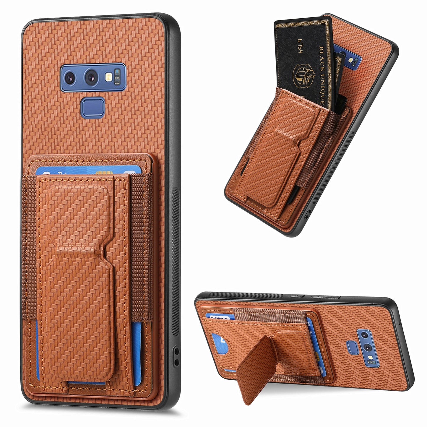 Samsung Galaxy Note9 Carbon Fiber Fold Stand Elastic Card Bag Phone Case with Multi-Functional Wallet
