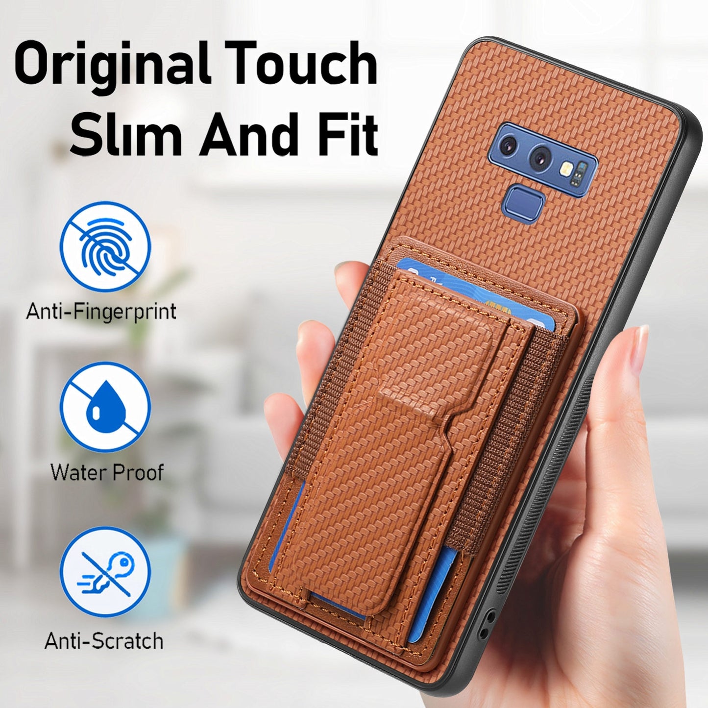 Samsung Galaxy Note9 Carbon Fiber Fold Stand Elastic Card Bag Phone Case with Multi-Functional Wallet