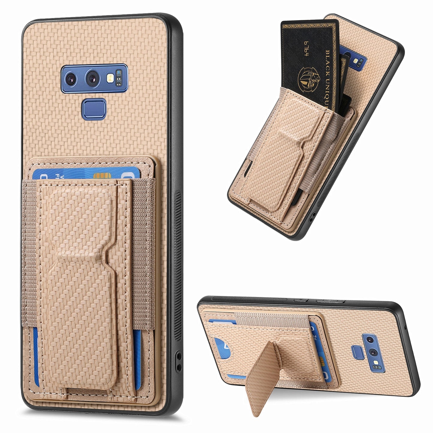Samsung Galaxy Note9 Carbon Fiber Fold Stand Elastic Card Bag Phone Case with Multi-Functional Wallet