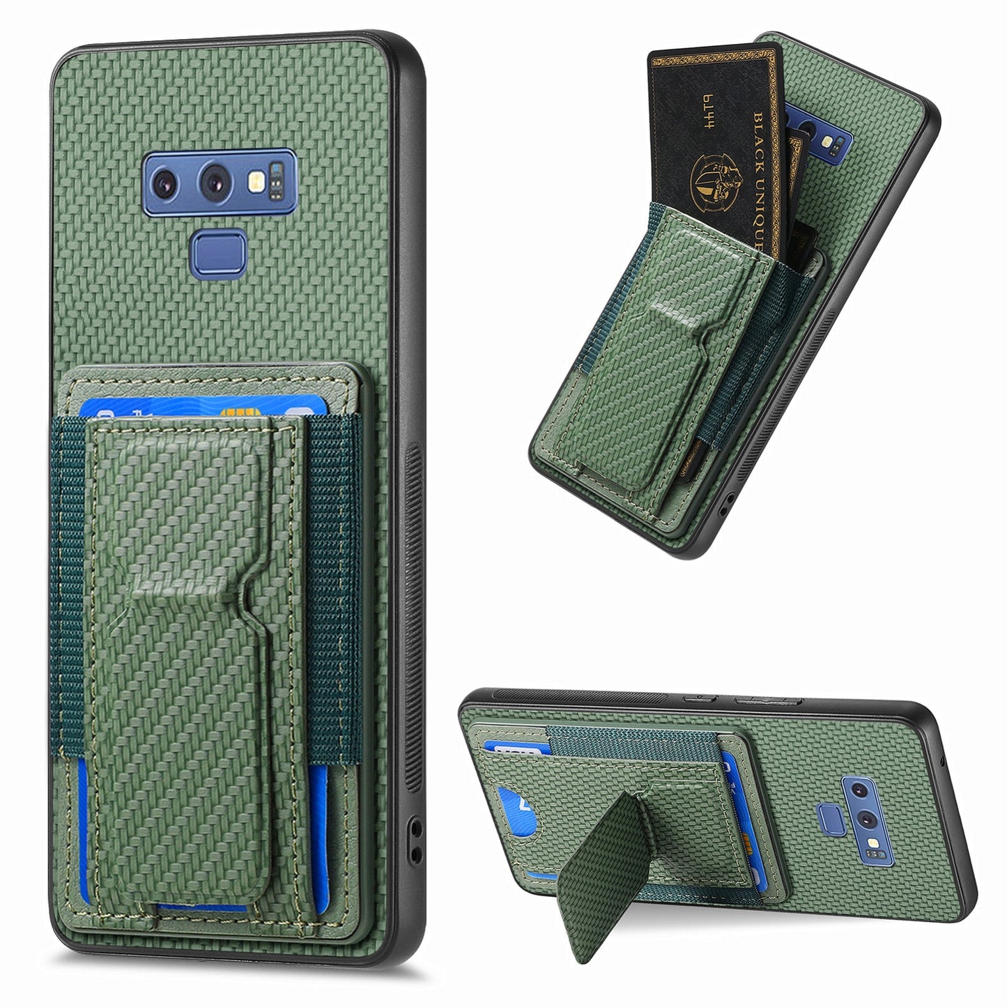 Samsung Galaxy Note9 Carbon Fiber Fold Stand Elastic Card Bag Phone Case with Multi-Functional Wallet
