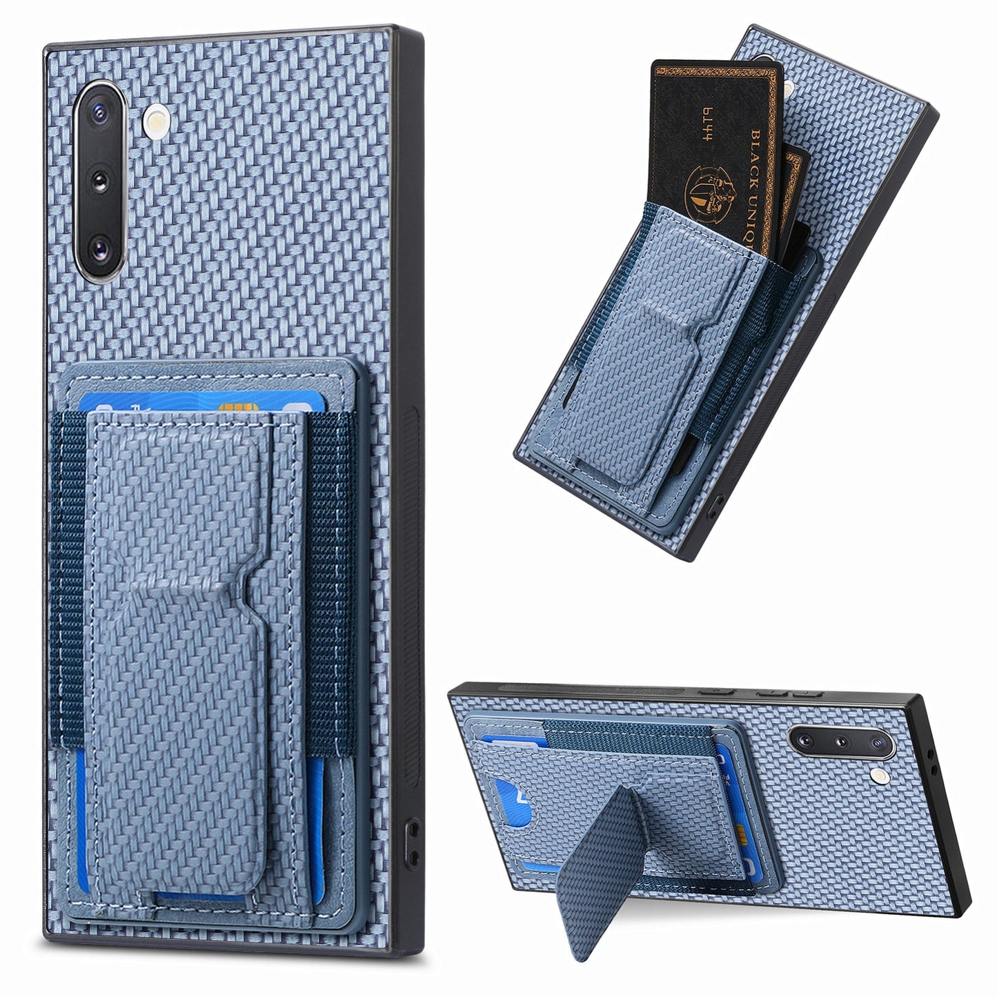 Samsung Galaxy Note10 Carbon Fiber Fold Stand Elastic Card Bag Phone Case with Multi-Functional Wallet