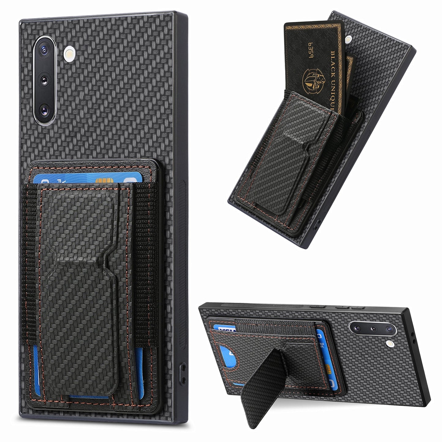 Samsung Galaxy Note10 Carbon Fiber Fold Stand Elastic Card Bag Phone Case with Multi-Functional Wallet