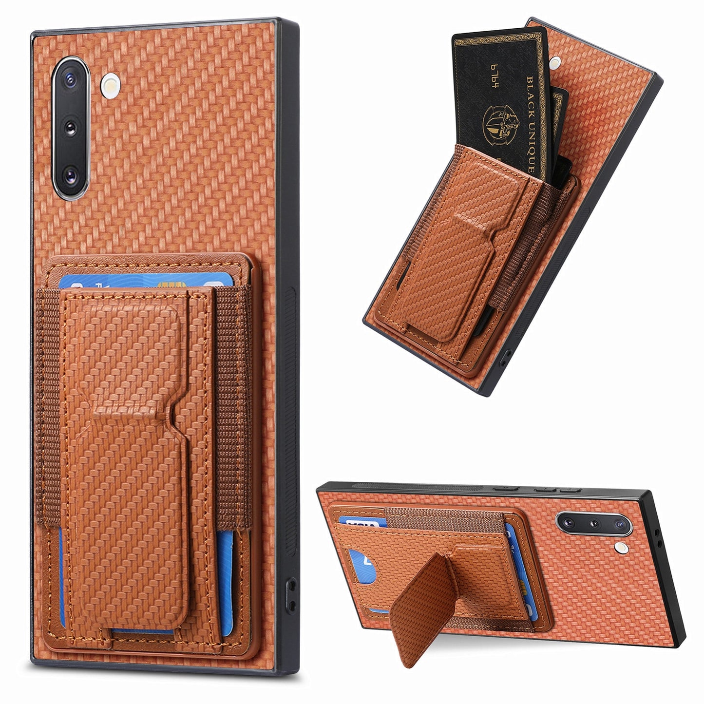 Samsung Galaxy Note10 Carbon Fiber Fold Stand Elastic Card Bag Phone Case with Multi-Functional Wallet
