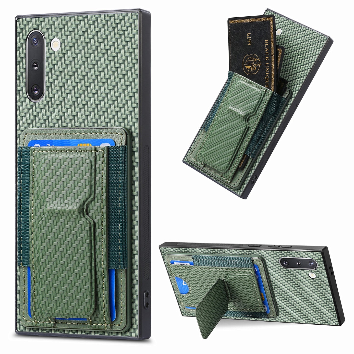 Samsung Galaxy Note10 Carbon Fiber Fold Stand Elastic Card Bag Phone Case with Multi-Functional Wallet