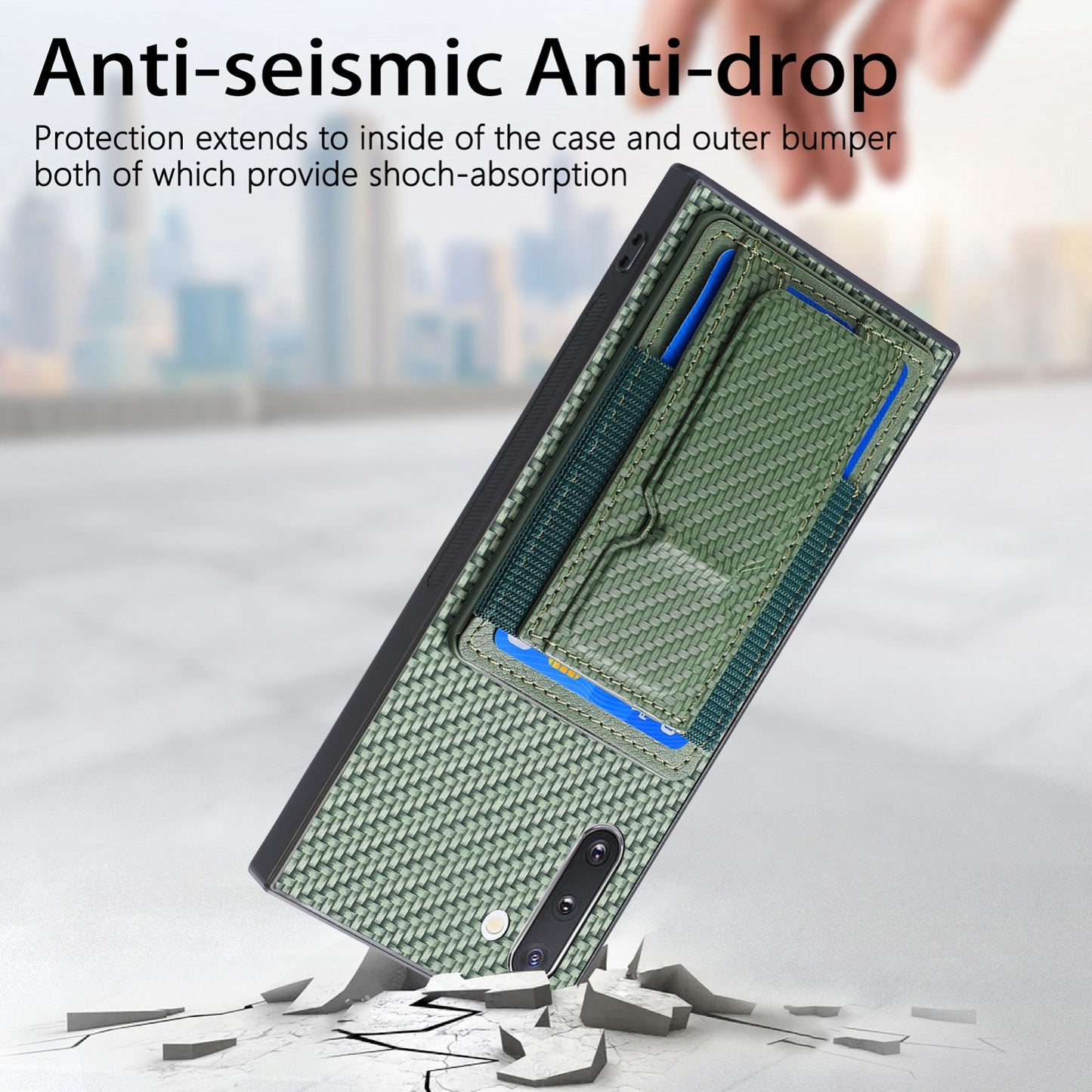 Samsung Galaxy Note10 Carbon Fiber Fold Stand Elastic Card Bag Phone Case with Multi-Functional Wallet