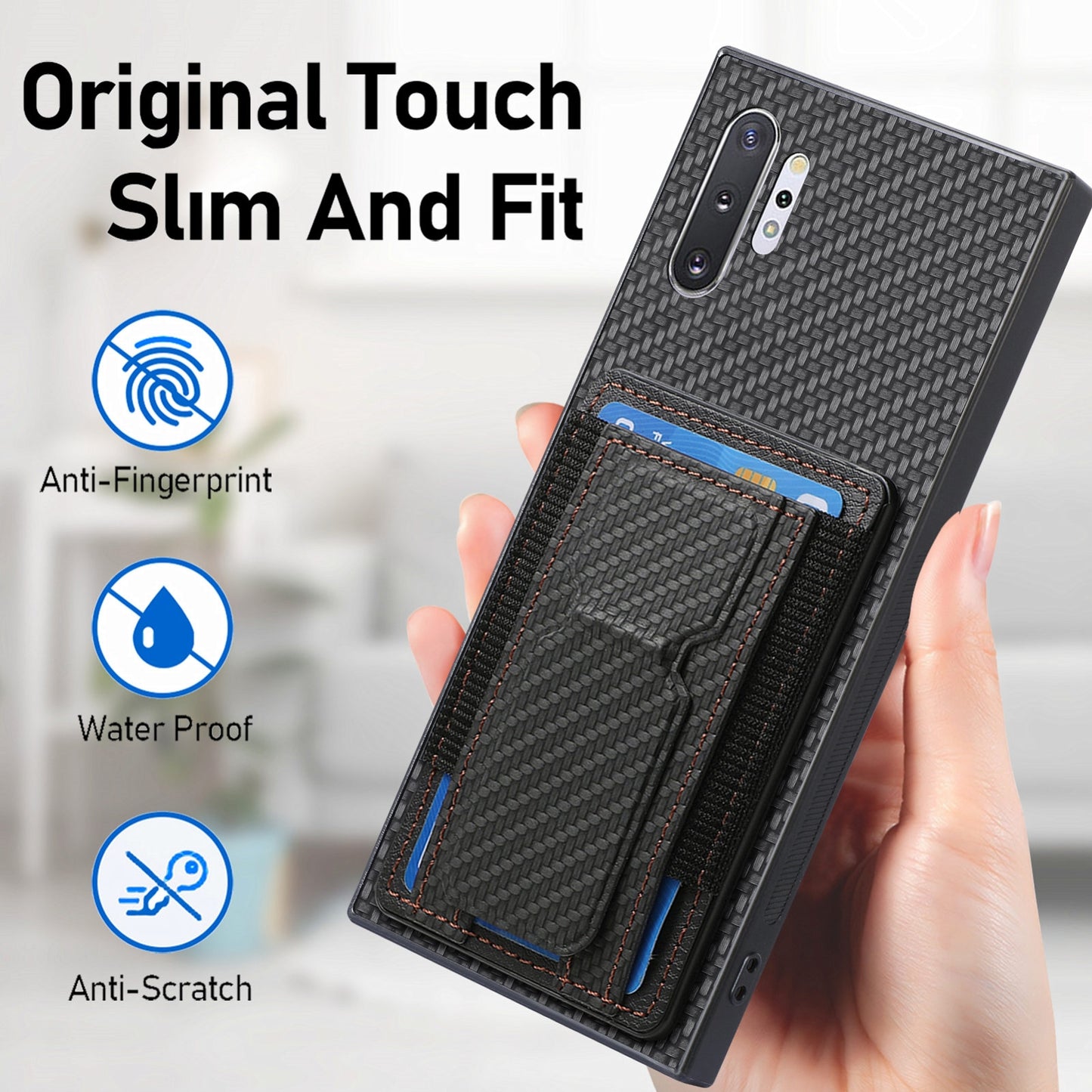 Samsung Galaxy Note10+ Carbon Fiber Fold Stand Elastic Card Bag Phone Case with Multi-Functional Wallet