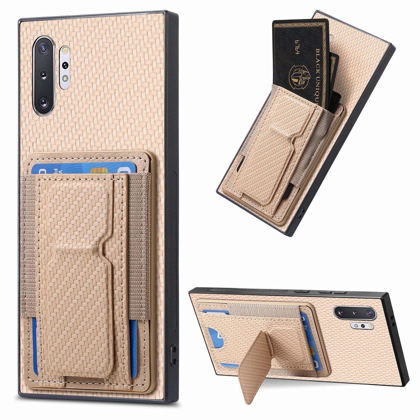 Samsung Galaxy Note10+ Carbon Fiber Fold Stand Elastic Card Bag Phone Case with Multi-Functional Wallet