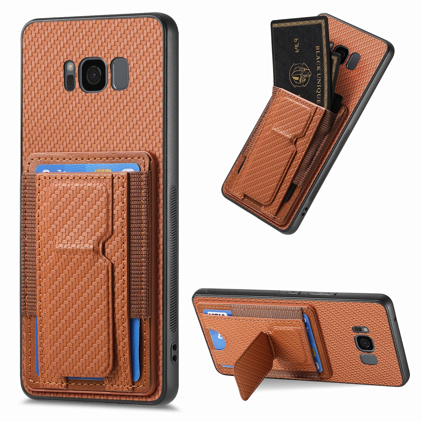Samsung Galaxy S8 Carbon Fiber Fold Stand Elastic Card Bag Phone Case with Multi-Functional Wallet