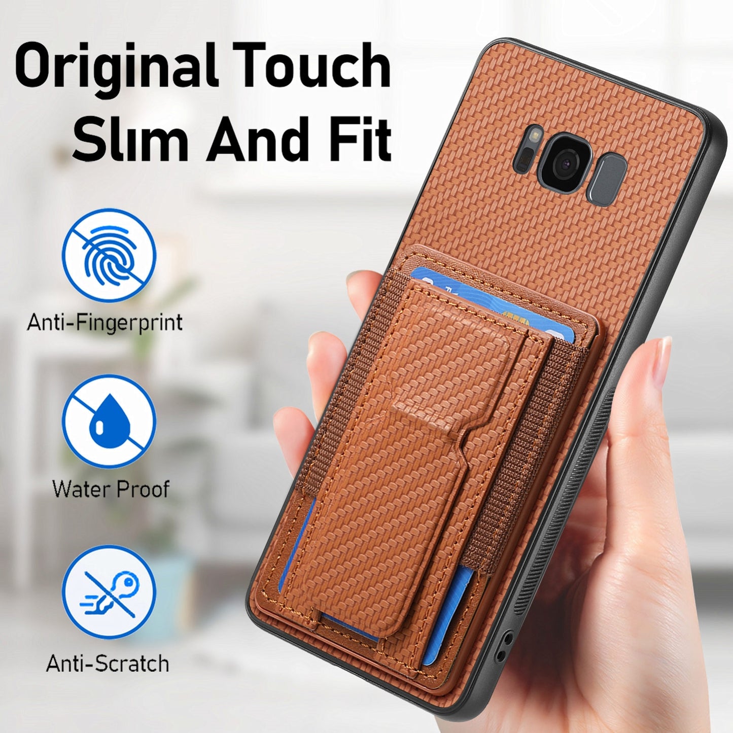 Samsung Galaxy S8 Carbon Fiber Fold Stand Elastic Card Bag Phone Case with Multi-Functional Wallet