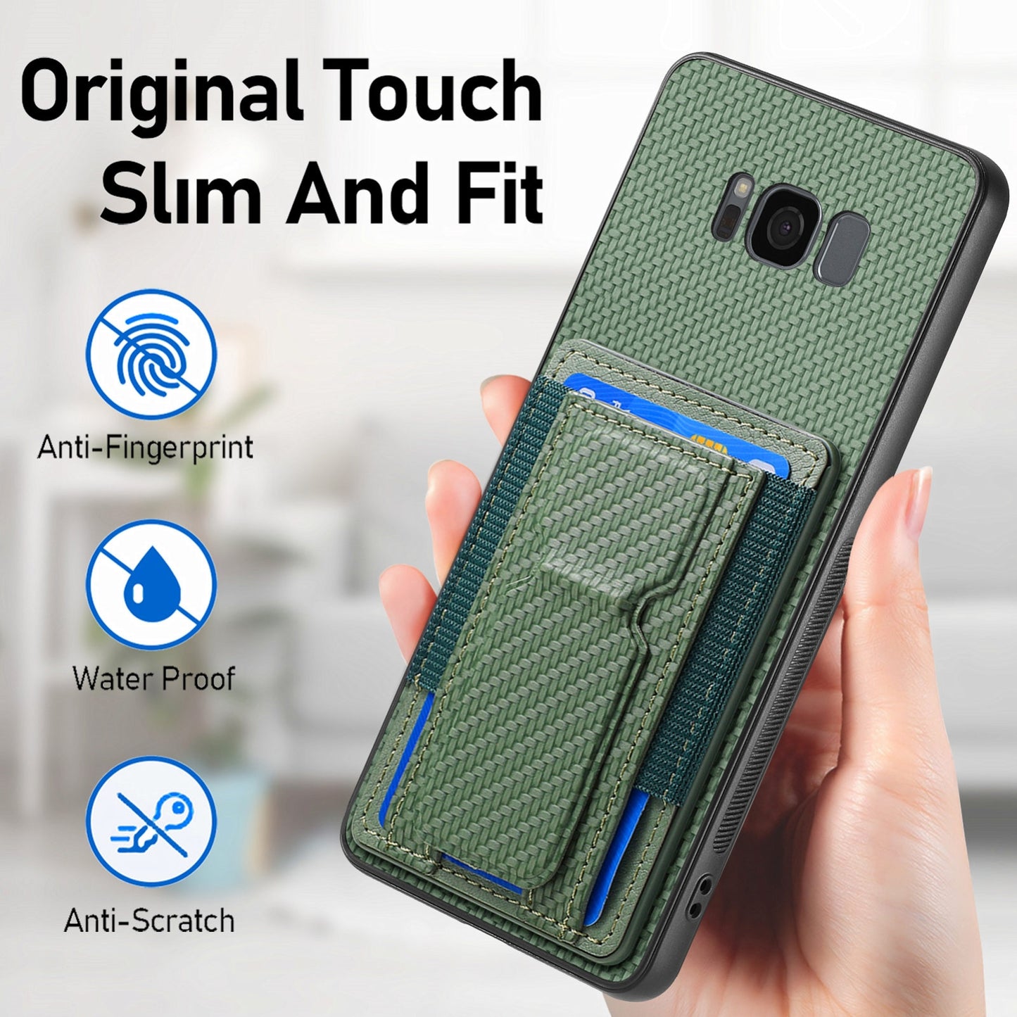 Samsung Galaxy S8 Carbon Fiber Fold Stand Elastic Card Bag Phone Case with Multi-Functional Wallet