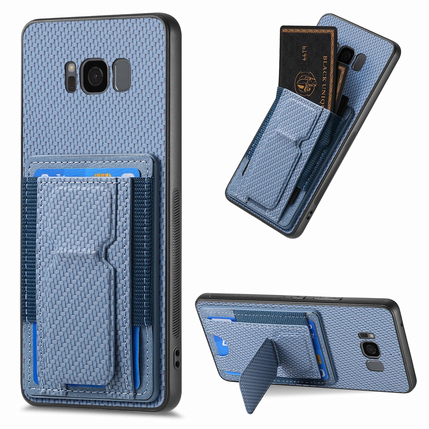 Samsung Galaxy S8+ Carbon Fiber Fold Stand Elastic Card Bag Phone Case with Multi-Functional Wallet